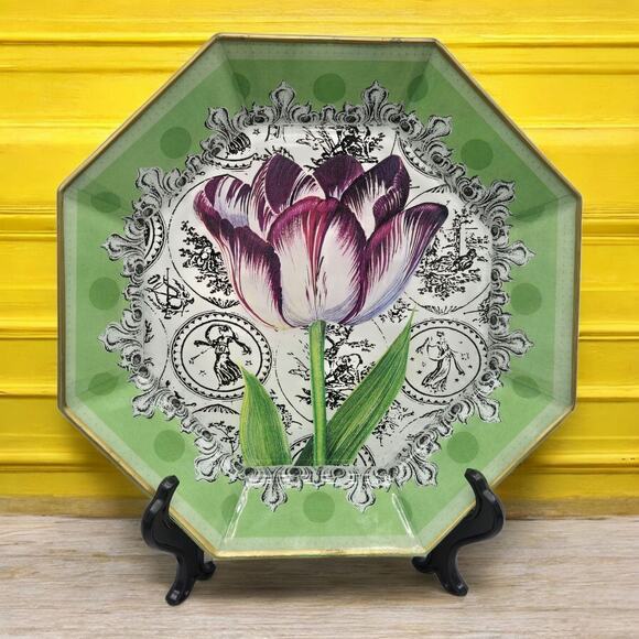 Moonlighting Interiors Vintage Art Nouveau French Decoupage Green Plate Tulip - Picture 1 of 10